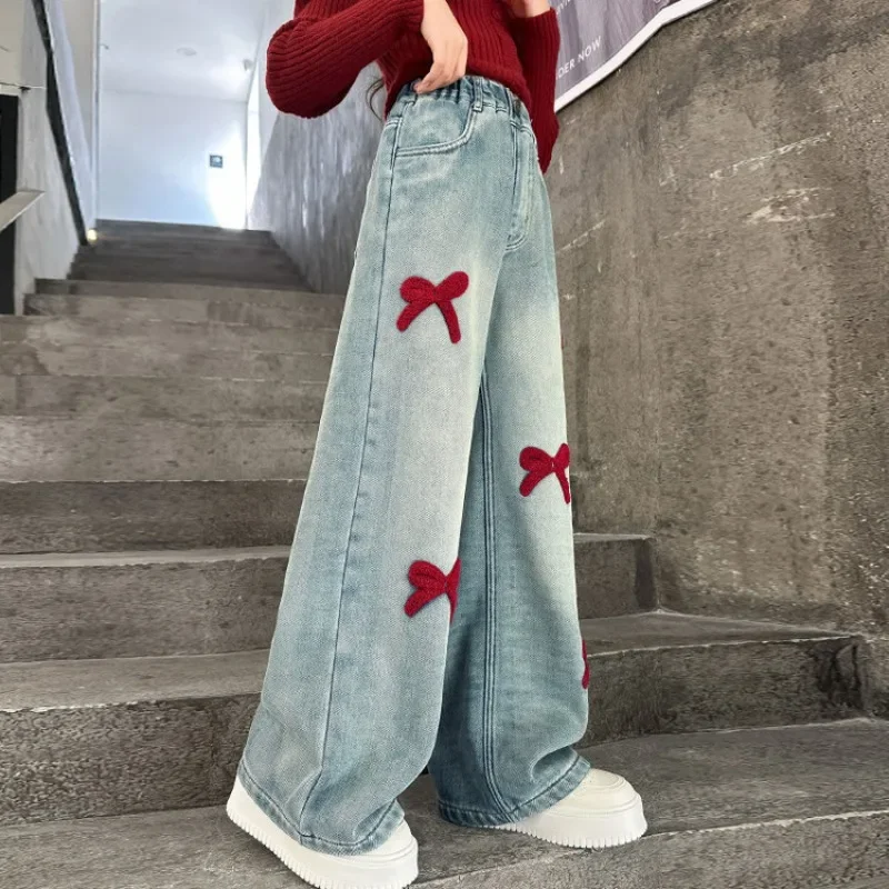 Girls Loose Wide-leg Jeans Soft Trousers Children Bowknot Embroidery Straight Denim Pants Spring Autumn Clothing 5-12 Years