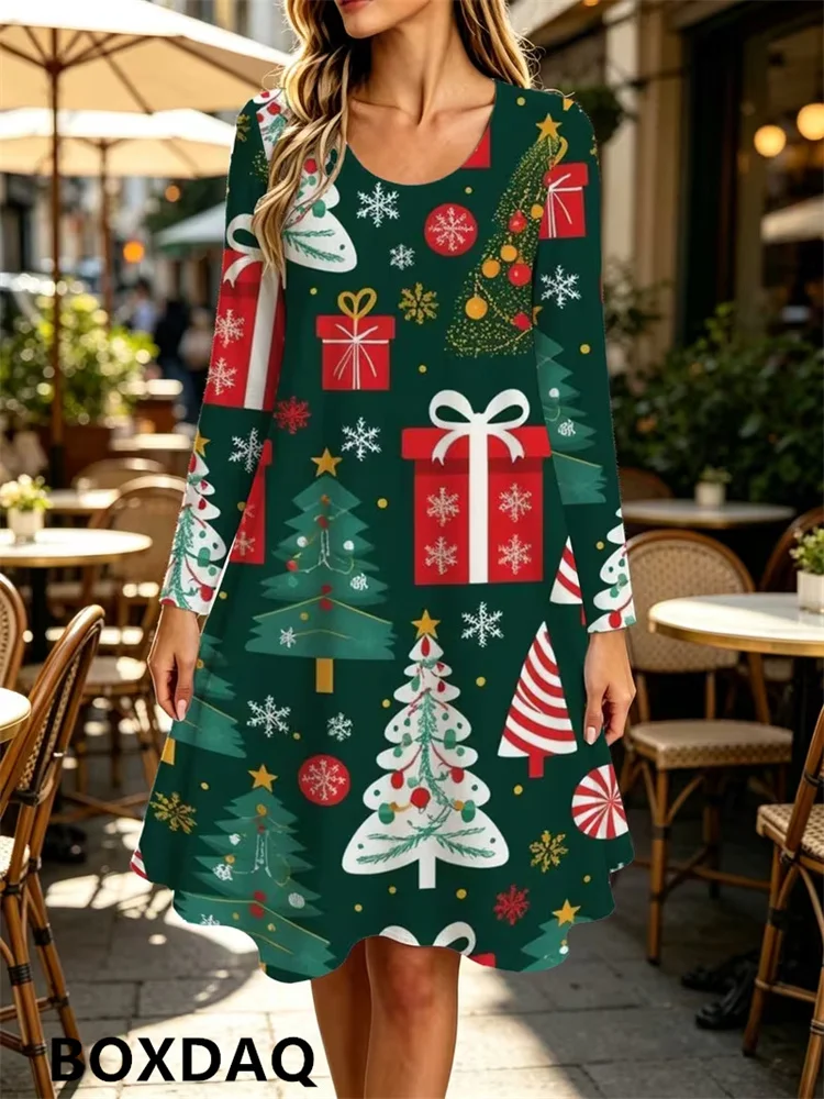 2027 Women's Fashion Party Dress Casual Long Sleeve Round Neck Christmas Tree Gift Pattern Printed Loose Autumn/Winter Dresses