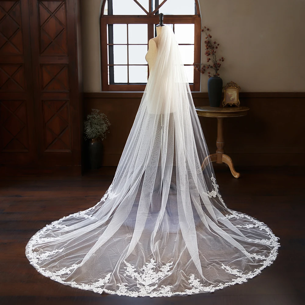 高級レースアップリケブライダルベール、コーム付き、大聖堂の長さ118インチのロングウェディングベール、女性用結婚アクセサリー