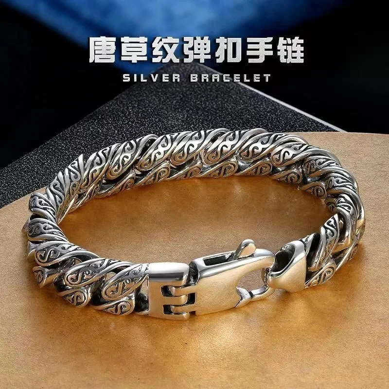 

Domineering Personality Tang Grass Pattern Bracelet Men's Retro S925 Silver Hip-hop Fashion Ethnic Style Bracelet Birthday Gift