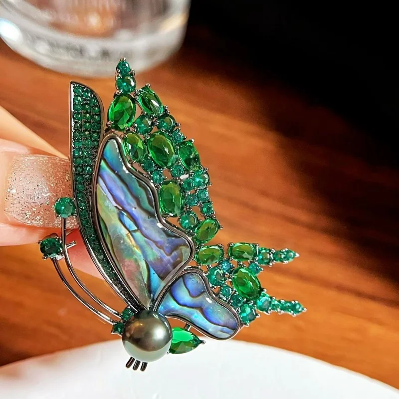 

SGARIT Green Tone Women's Brooch Natural Tahitian Pearl Autumn Winter Pin 925 Sterling Silver Butterfly Flower Jewelry