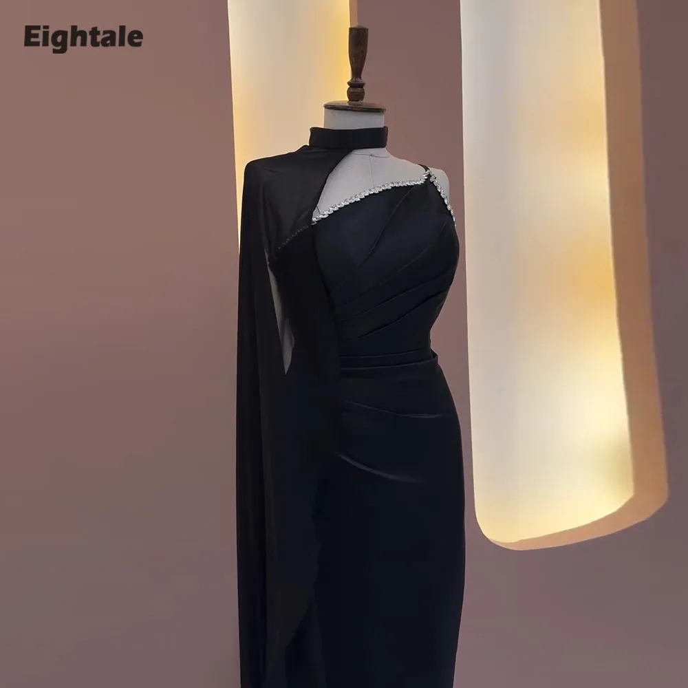 

Eightale Arabic Evening Dress High Neck Pleats Customized Satin Beaded Satin Black Mermaid Prom Wedding Party Gowns