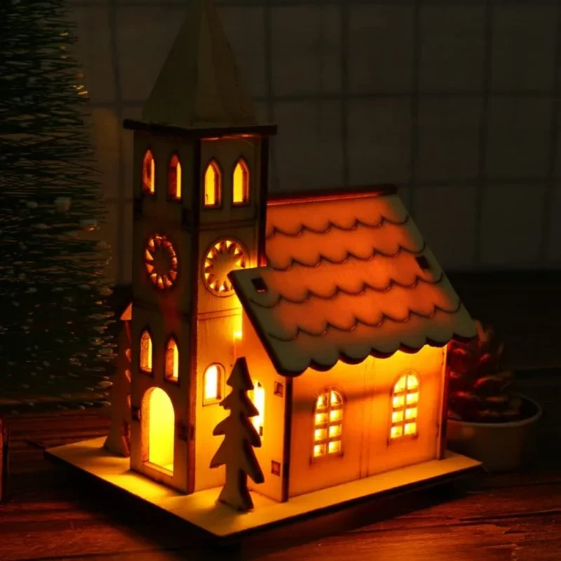 LED Wooden Christmas House Village Unfinished Wood Xmas Village Mini Houses Luminous Christmas Table Centerpieces Holiday Decor