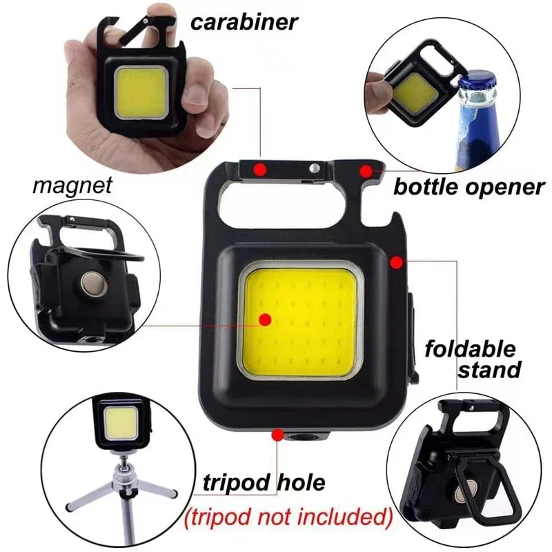 Mini LED Flashlight Work Light Portable COB Pocket Flashlight Keychains USB Rechargeable Outdoor Camping Lamp with Corkscrew