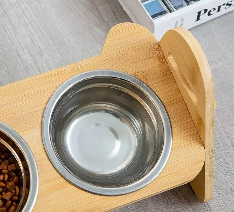 Wood Adjustable Height Pet Feeding Aid Bamboo Wood Household Cat and Dog Food Rack