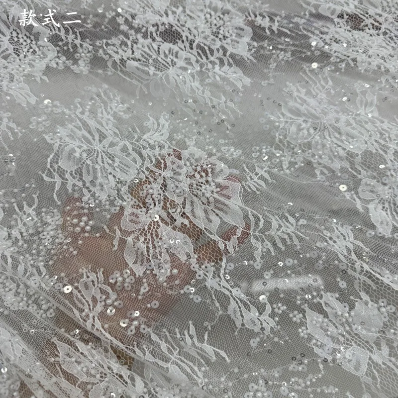 

New Flower Nail Bead Embroidery Lace Yarn Fabric for French Style Pearl Sequin Wedding Dress Cloth Diy Per Meter Sewing Material