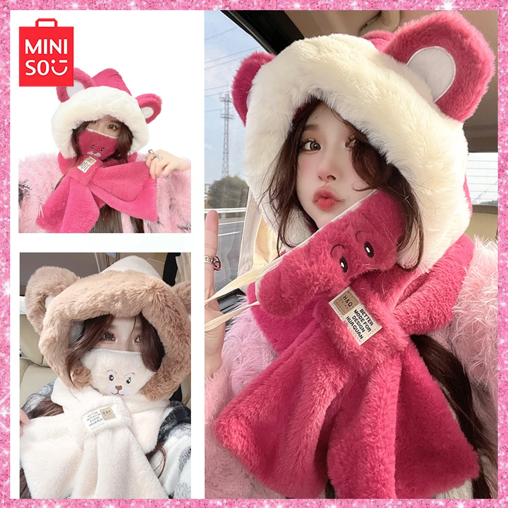 

2023 Miniso Lotso Fall and Winter Cute New Cartoon Hat Scarf Mask Plush Warm Hat Out Bear 3-Pcs Hooded Scarf Christmas Gift