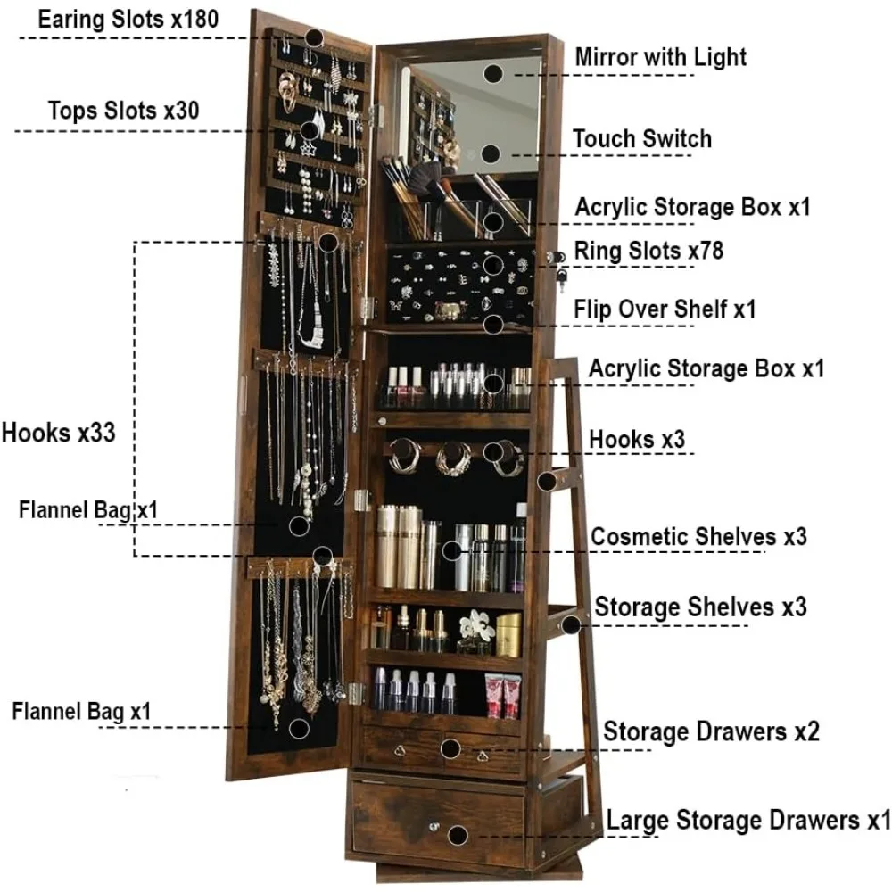 Jewelry Cabinet with Built-In Mirror and 3 Storage Racks, Mirror & 3 Drawers, 360° Swivel Lockable Jewelry Armoire