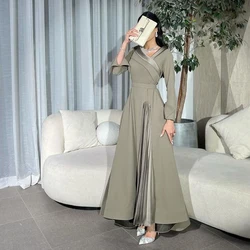 Women Elegant Straight  Ankle Length V-neck Pleats High-Low Jersey Belt Backless Vestido De Festa Green Evening Saudi Arabia