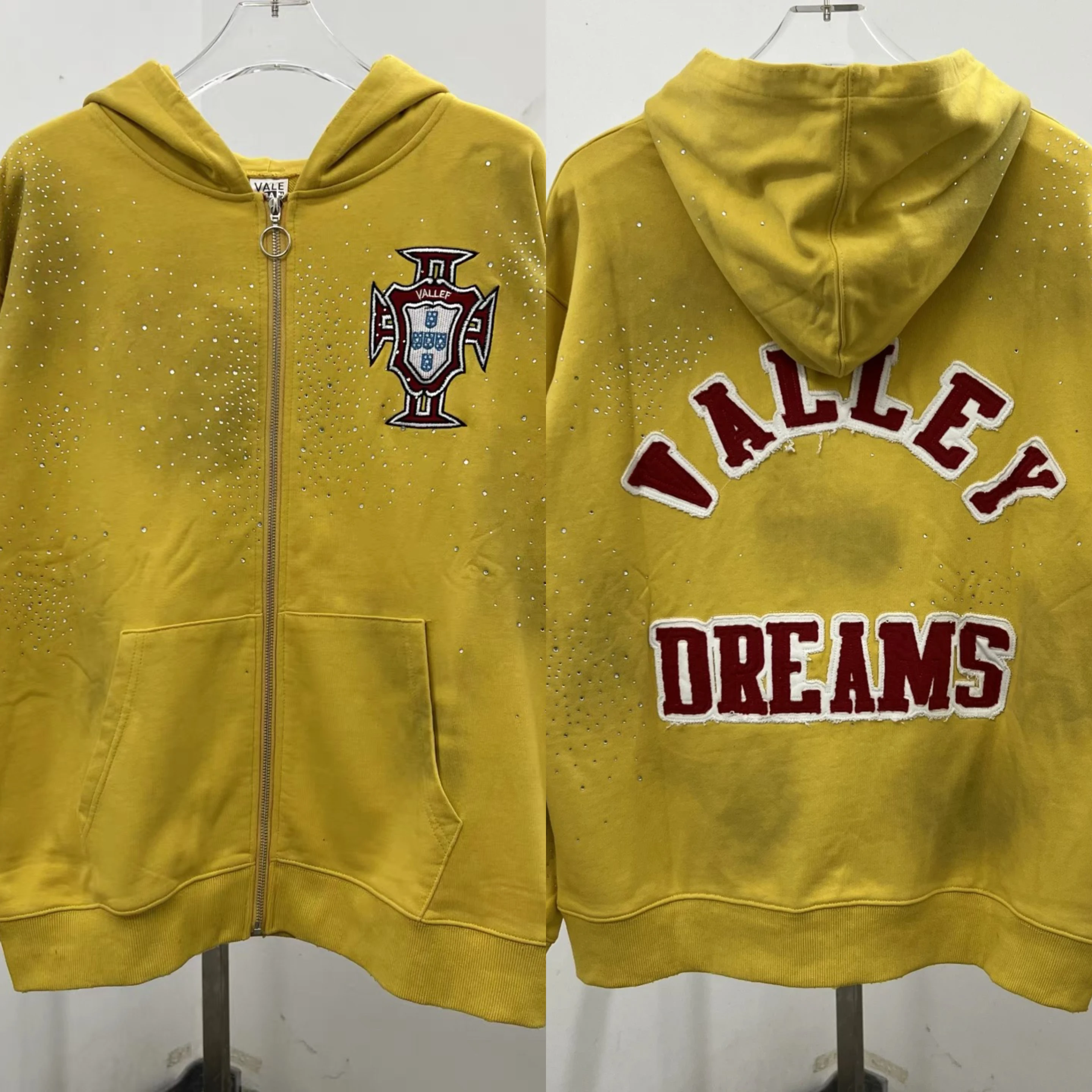 سترات Hot Drill VALLEY للرجال 1:1 أفضل جودة بقلنسوة سوداء كبيرة الحجم باللون الأصفر المغسول