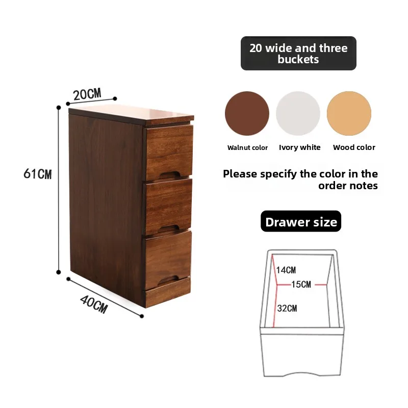 Water Resistant Solid Wood Gap Cabinet 20/25/30cm Drawer Chest Bedside Table Recessed Wood Handle Invisible Swivel Wheels