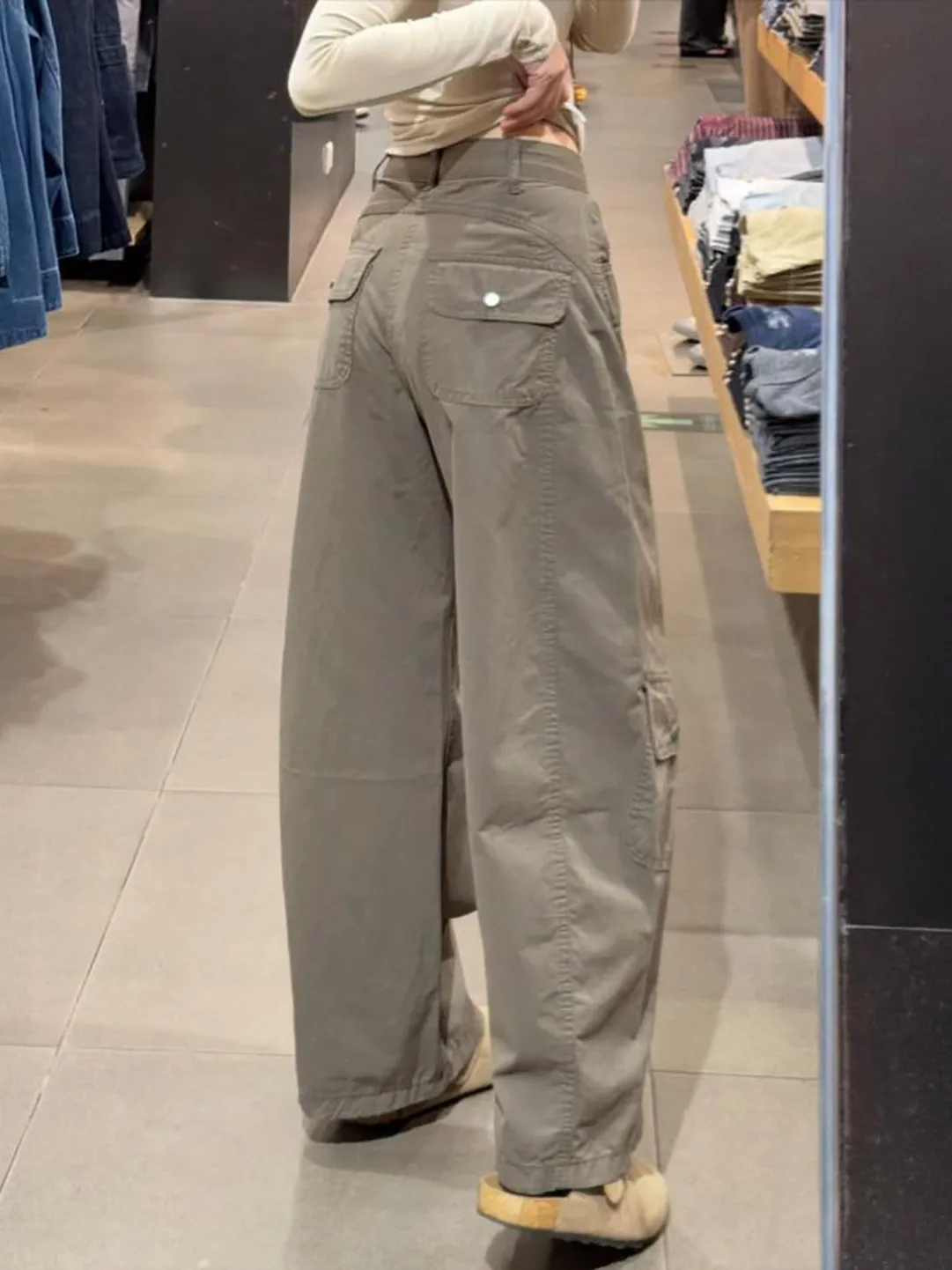 Slim Fit American Retro Grey Green Workwear Jeans Women Summer Thin Wide Leg Versatile Knife Pants Trendy High Waist Cotton