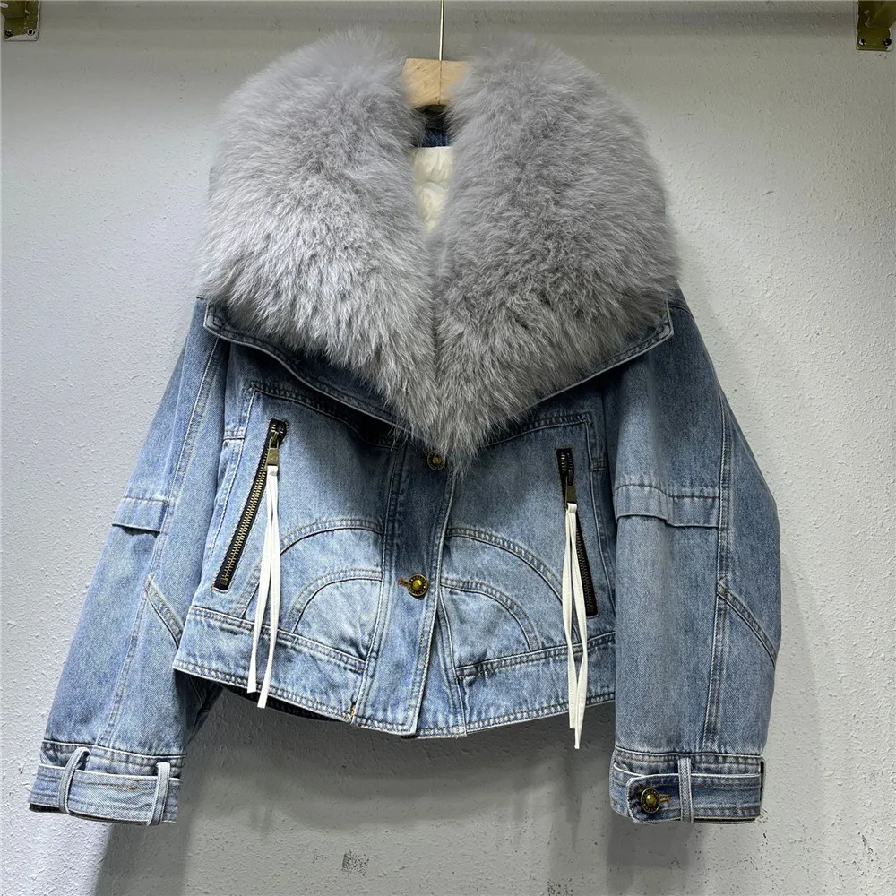 Winter Echte Vossenbont Kraag Afneembare Denim Bontjas Vrouwen Verdikte Voering Mode Korte Warme Katoenen Jas Dames Parka 'S Y4475