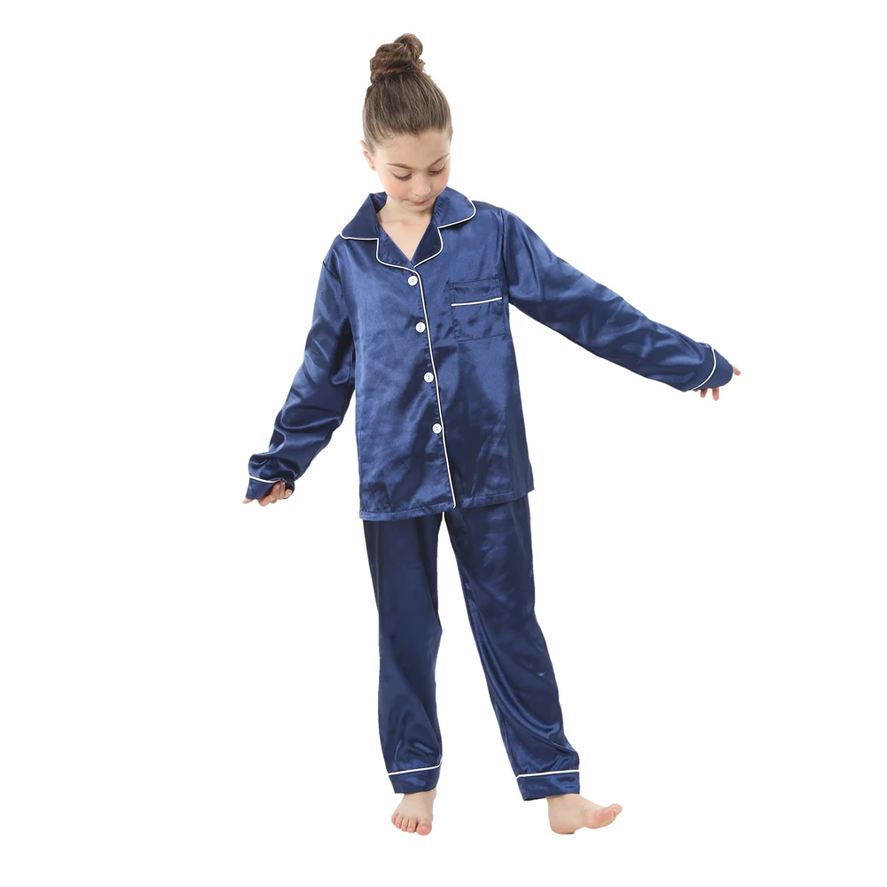 Boys Navy Blue Satin Silk Pajamas Kids Girls Clothes Children\'s Homewear Sleepwear Kids Nightwear Girls Teenager Loungewear 12Yr