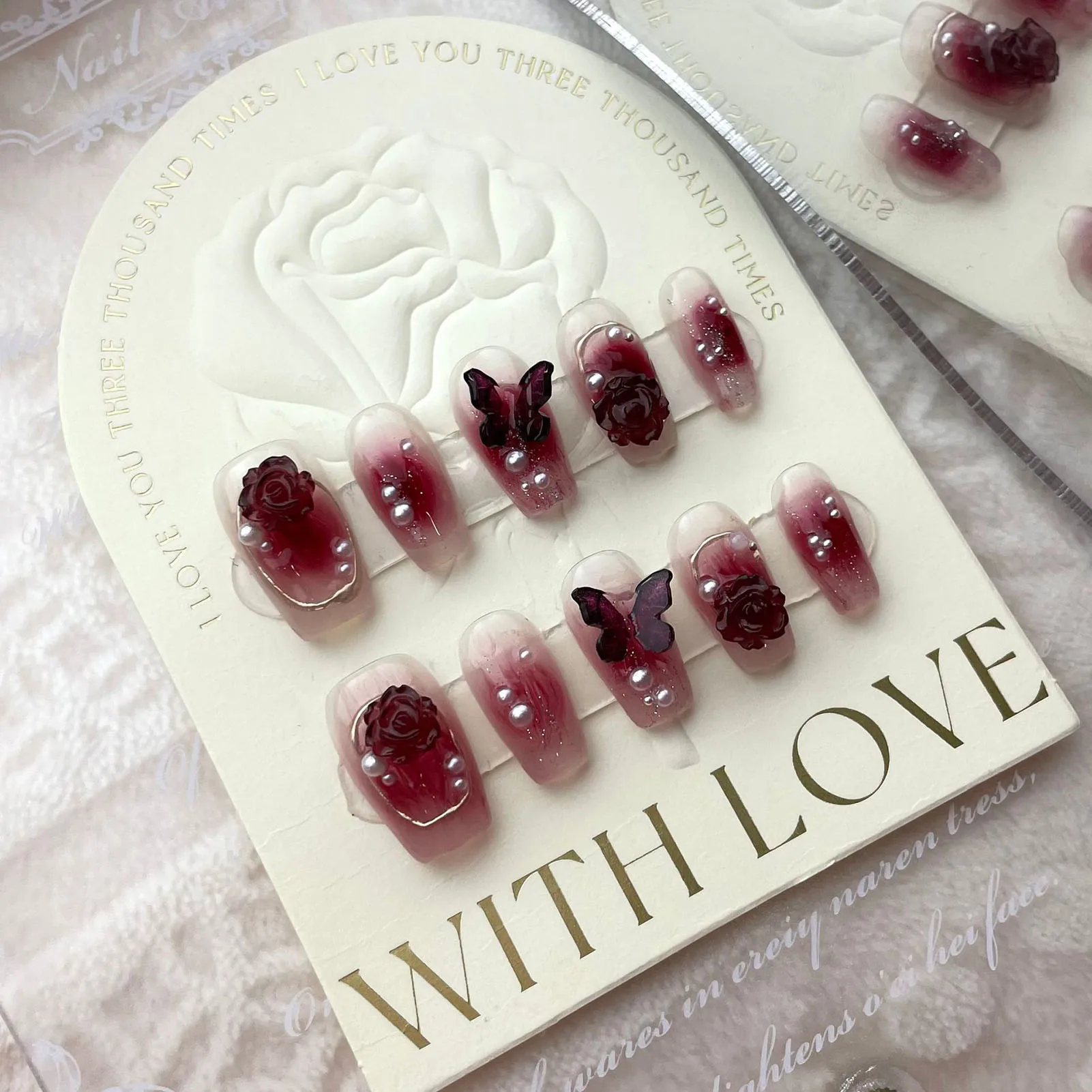 Handmade Wine Red Press on Nails with Pearls Sweet & Charming Reusable False Nails for Stage Performance Wear B99