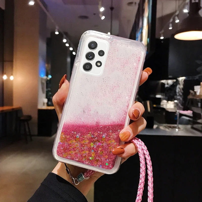Lanyard Glitter Liquid Silicone Case For Samsung Galaxy A05 A05S A14 A24 A34 A54 A04 A04S A04E A03 A03S A02S 4G 5G Cover
