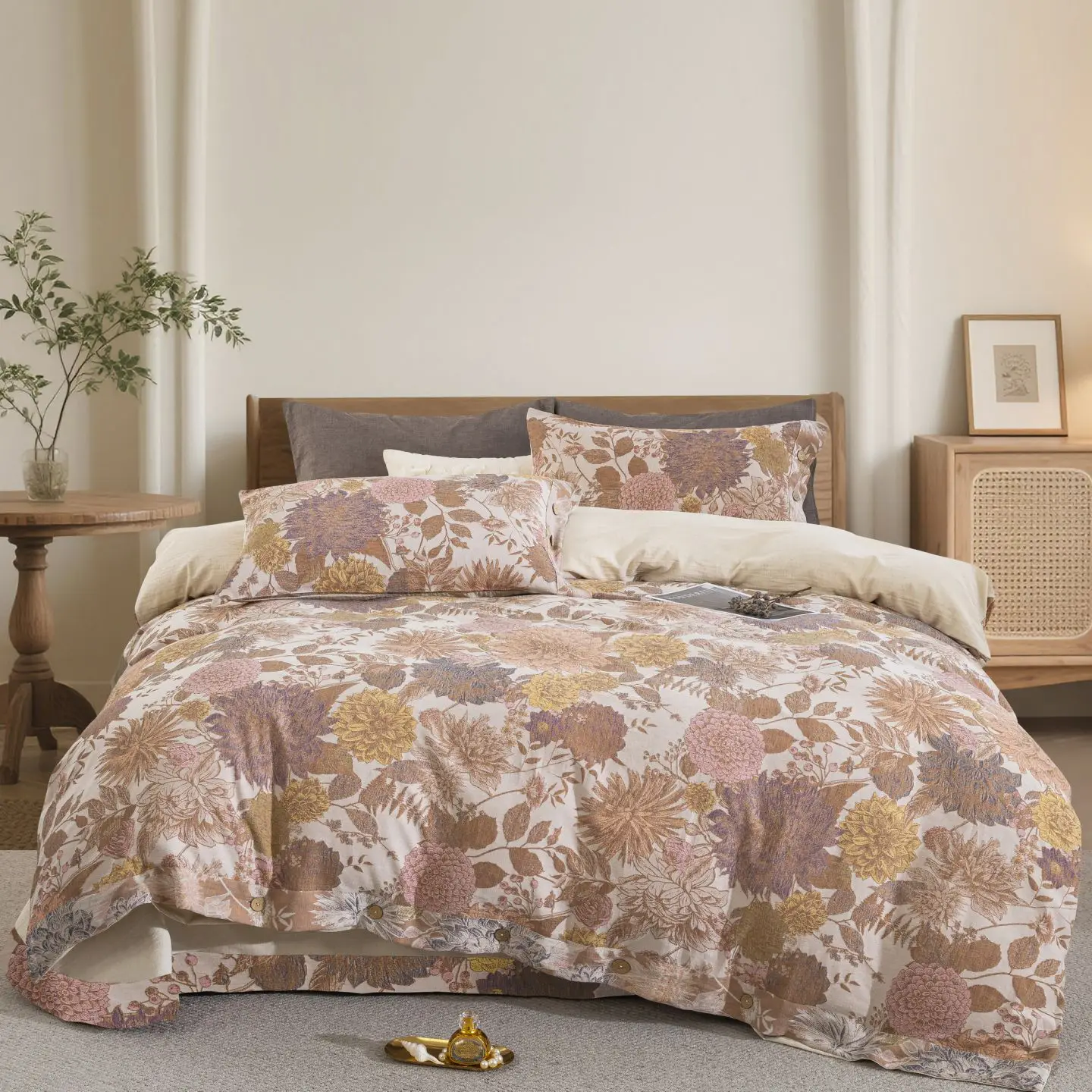 Double Layer Yarn 100% Cotton Soft Comfortable Bedding Set Flowers Plants Duvet Cover Bed Sheet/Fitted Sheet Pillowcases 4Pcs