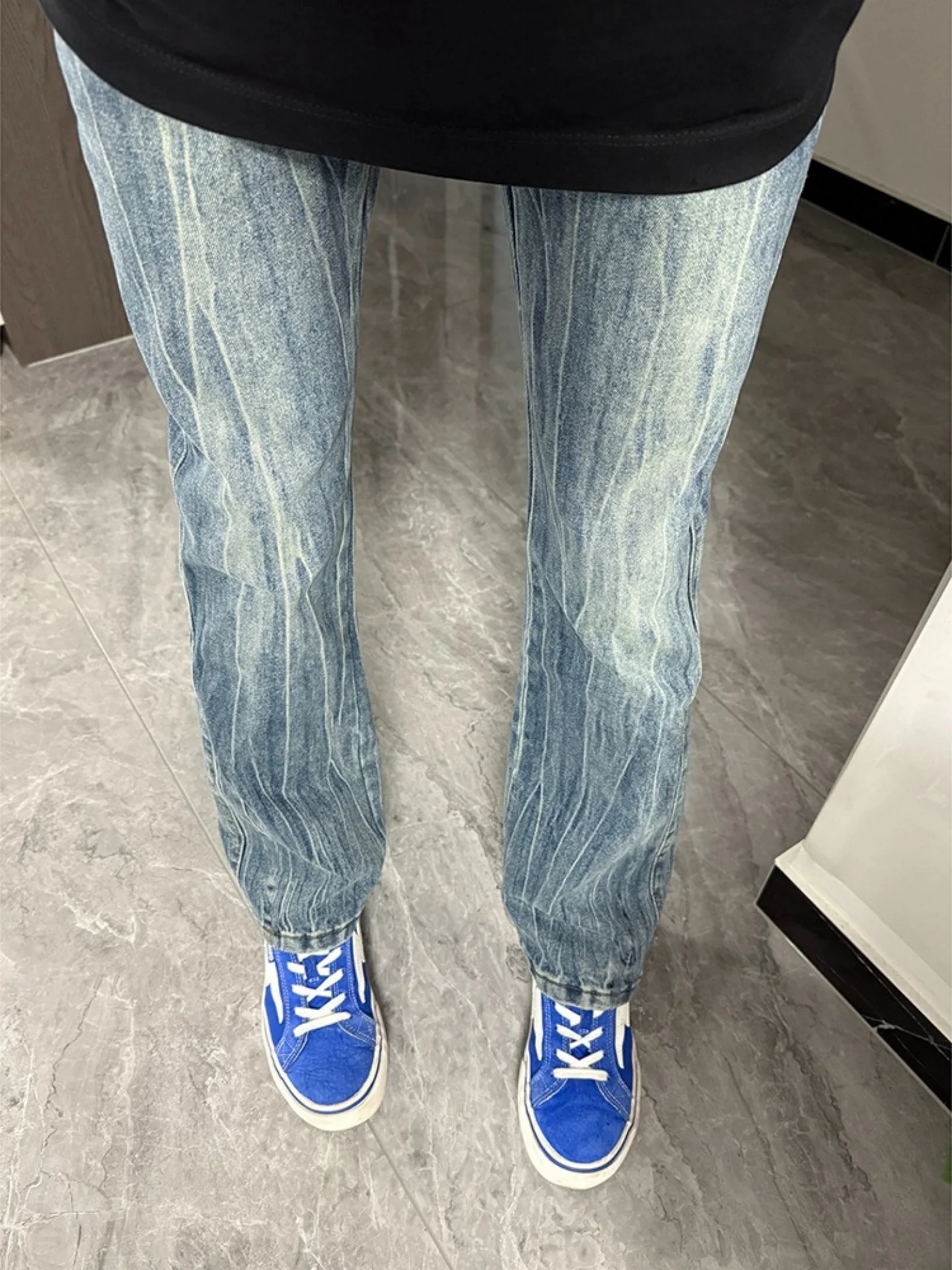 American Washed Lightning Pattern Men's Jeans Straight Leg Slim Fit Loose Flared Pants Casual Style Autumn Fashion Trend