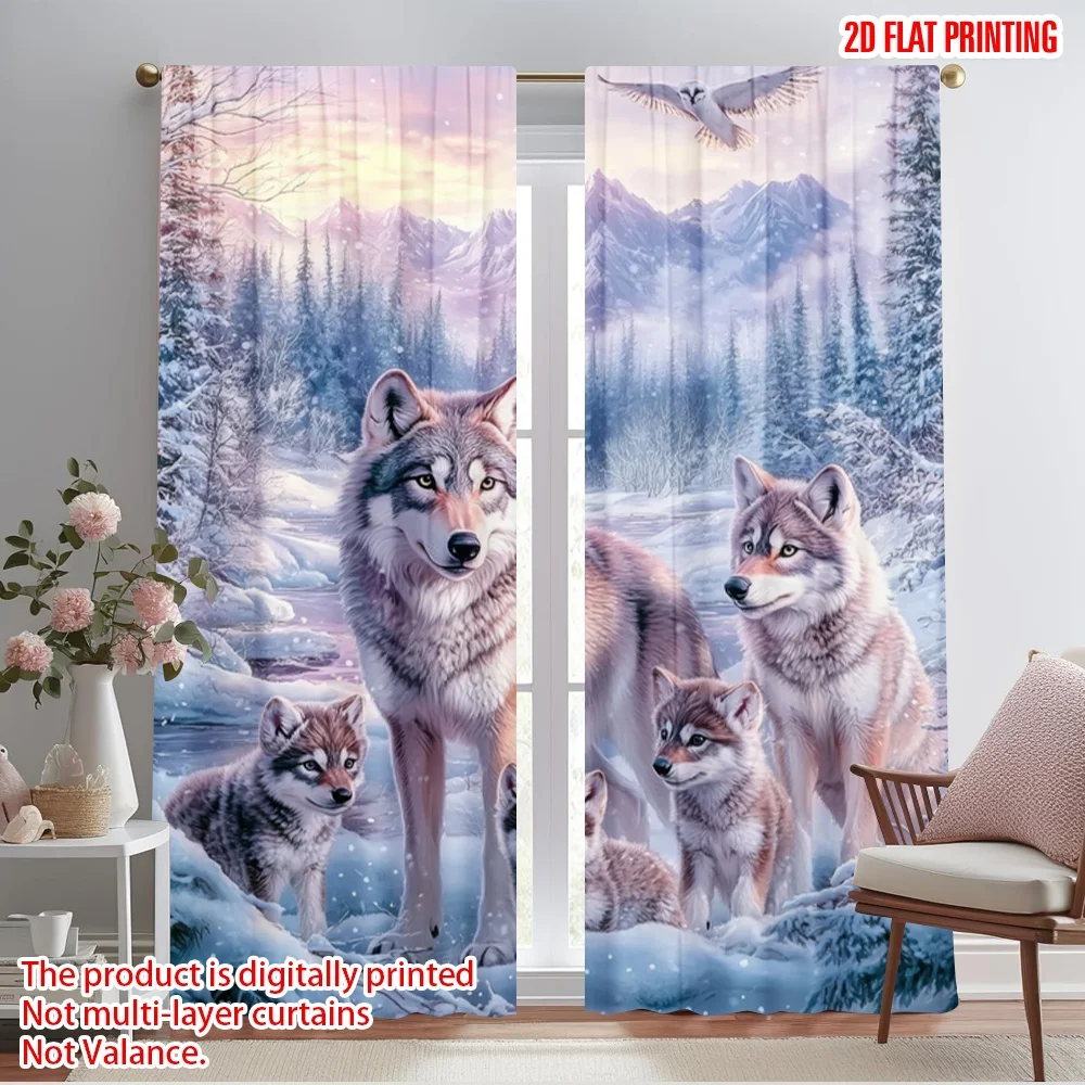 2pcs,2D plane printing Popular Curtain Panels Winter Wolves(1) Polyester Fabric (without rod) Room Decor Ldeal for Various Room