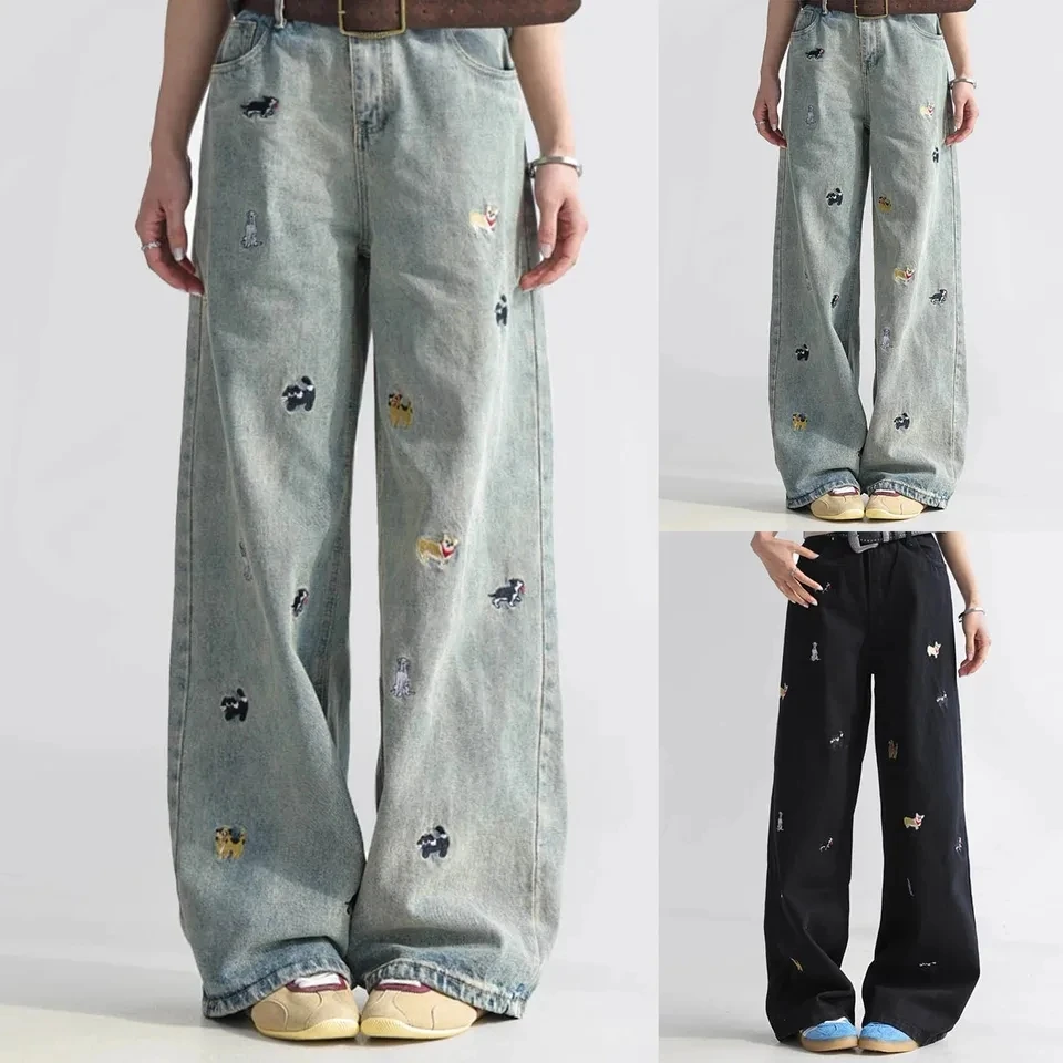 

Cartoon Puppy Embroidered Women's Jeans Korean Style High Waisted Straight Leg Trousers Y2K Streetwear All Match Denim Pants