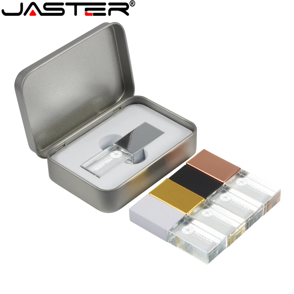 

JASTER USB 2.0 Flash Drives 128GB 64GB High speed Pen drive 3D Laser engraving With iron box 32GB 16GB Gold Crystal Memory stick