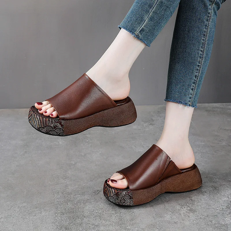 Koznoy 4.5cm Cow Genuine Leather  Platform Wedge Sandals Ladies Summer Comfy Ethnic Women Slippers Embroidery Silk Fashion Shoes