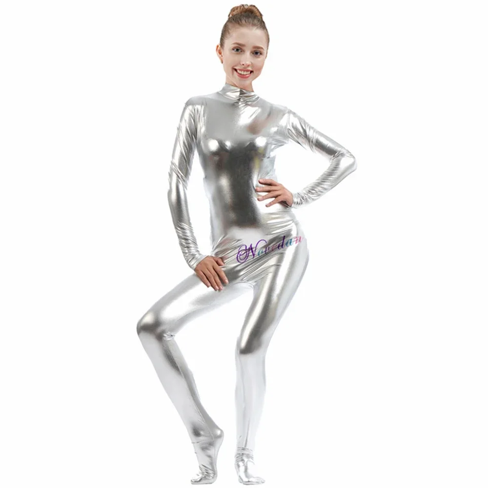 Disfraz Sexy de piel sintética para mujer, de manga larga Catsuit, PVC, látex, mono metálico brillante, Cosplay de Halloween, mono ajustado