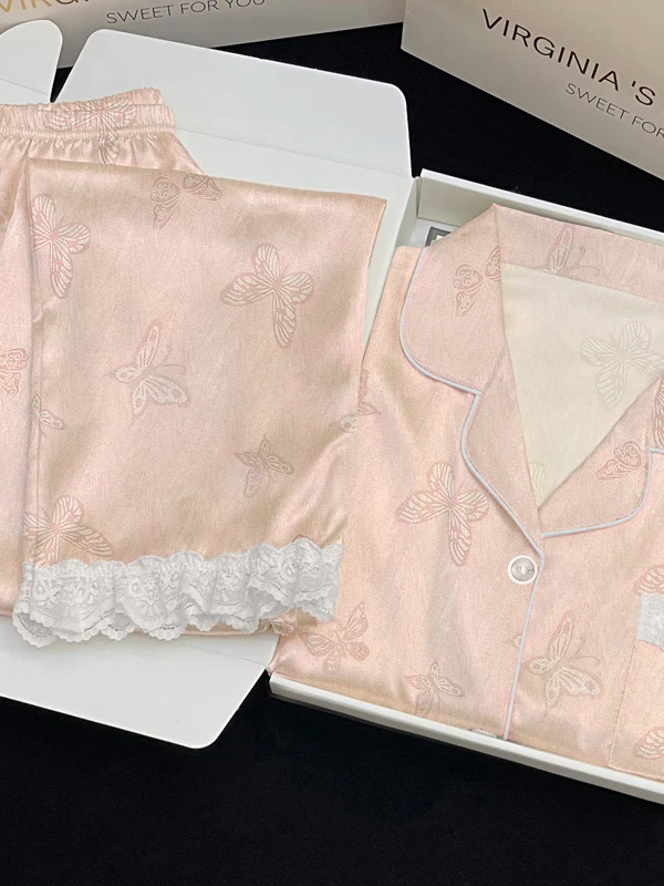 

Женская пижама с милым принтом: шорты и длинные брюки, домашняя одежда из шелковой ткани с кружевом, комфортная, весна-осень