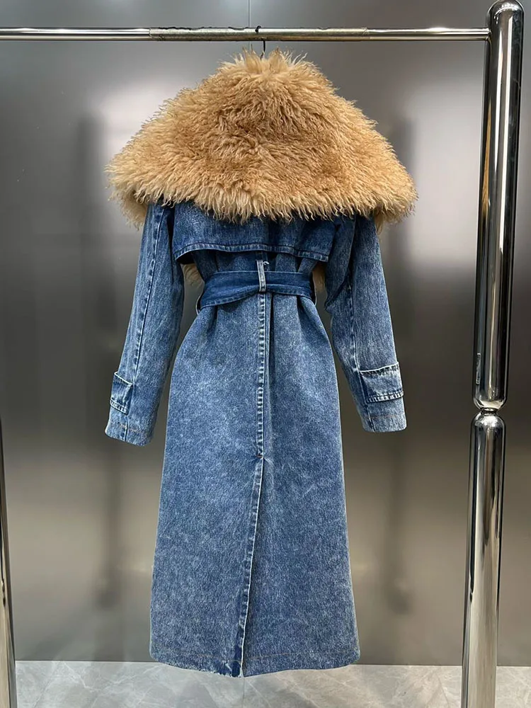 DEAT Vintage Women Spliced Fur Turn-down Collar Denim Windbreaker 2024 Spring Fashion Bangdage Long Sleeve Coat Female 11XX6987