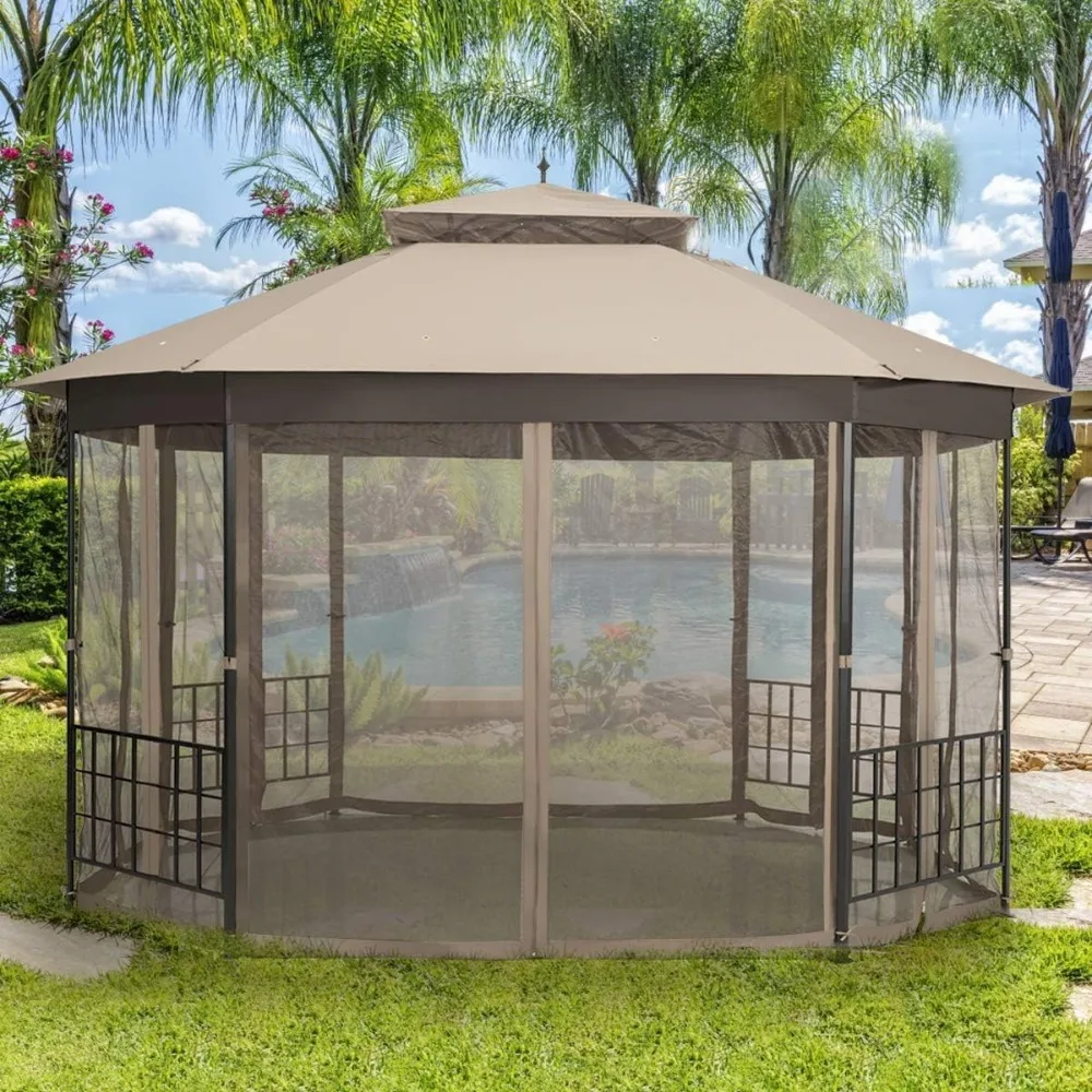 

Moccha 10 X 12 Ft Heavy Duty Octagonal Canopy Tent Patio Gazebo With Netting Sidewalls And Sturdy Steel Frame, Double Roof Vente