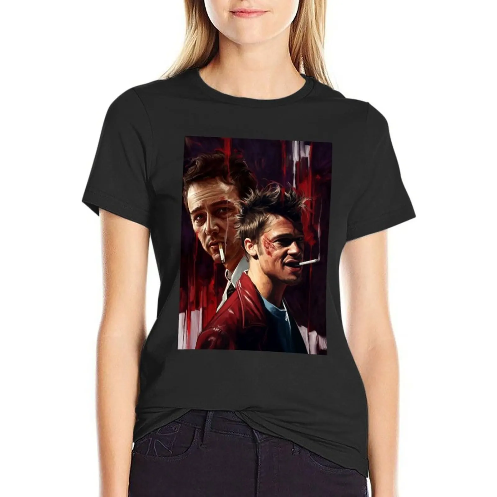 Fight Club Tyler Durden And The Narrator Smoking Drawing T-Shirt animal print funnys clothes for Women