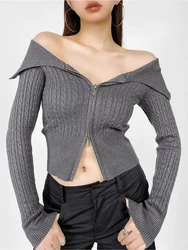 Women Off Shoulder Criss-cross Knitted Sweaters Long Sleeve Zipper Short Cardigans