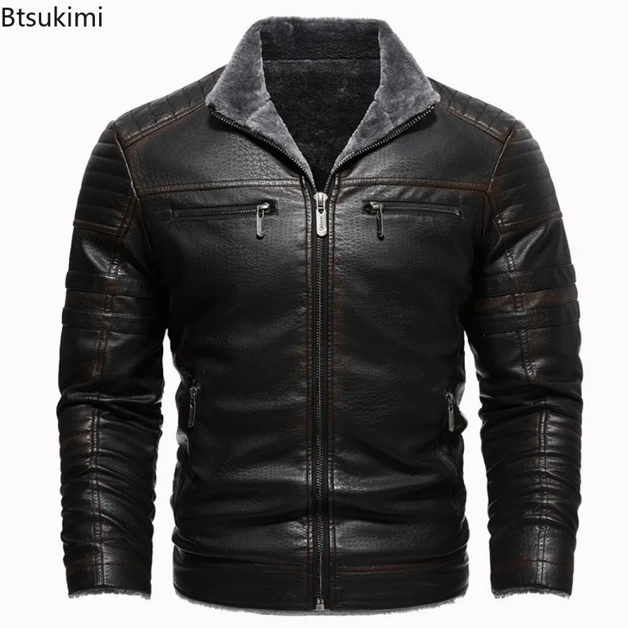 2025 New Men's Faux Leather Jackets Autumn Winter Casual Motorcycle Biker PU Jackets High Quality Men Retro Slim Warm Outerwear