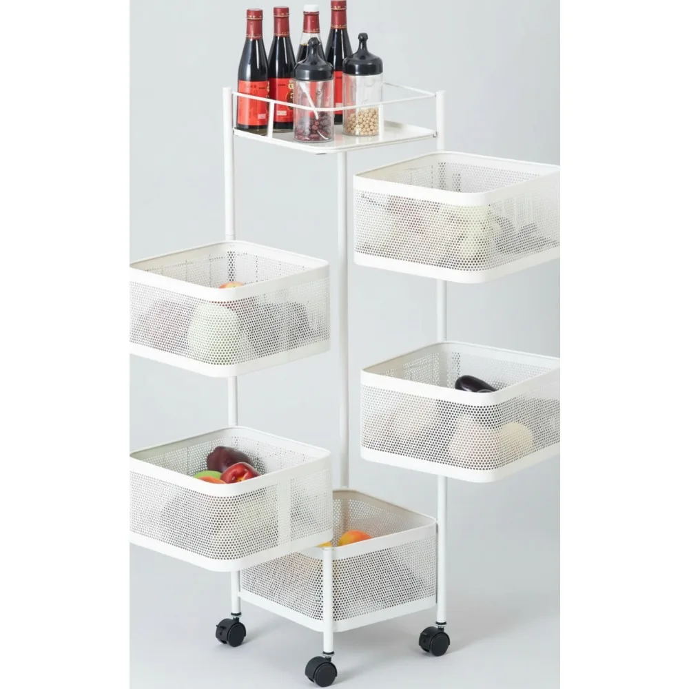 

5-Tier Rotating Kitchen Storage Cart with Wheels, Multifunctional Fruit Vegetable Basket Organizer for Home