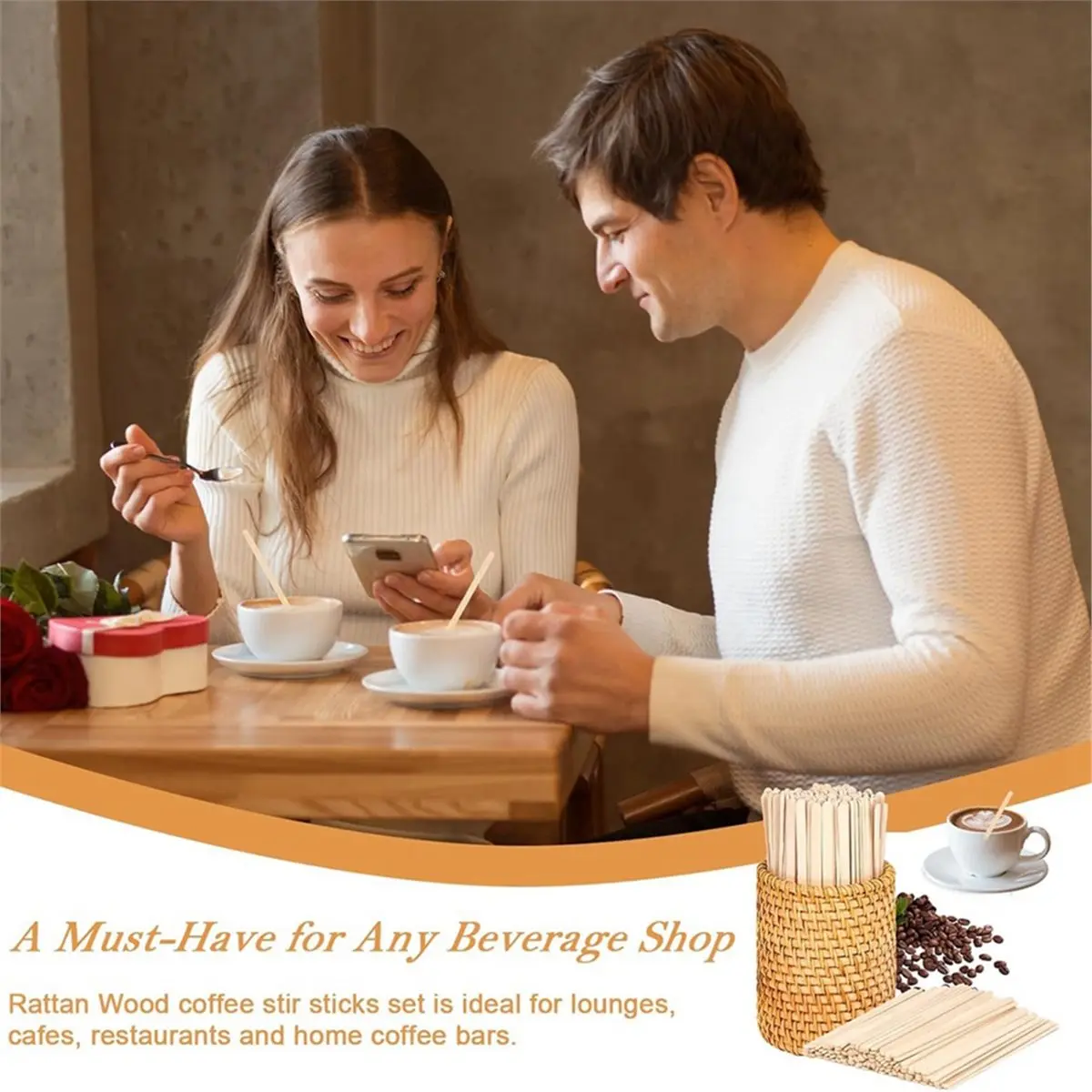 2026 New 100 Pcs Wood Rattan Coffee Stirrers Holder Set Coffee Stir Sticks Wood Cocktail Stirrers Disposable Beverage Stirrer