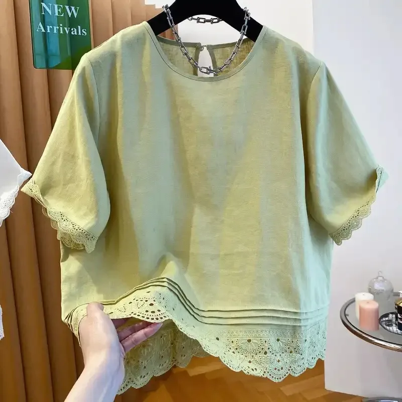 

Women Summer Round Neck Lace Trim Linen Loose Breathable Short Sleeve Casual Blouse