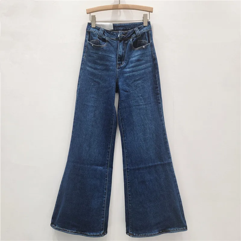 

Women Denim Jeans Solid Jean Pocket Button Zipper Mid Waist Full Length Flare Pants Slight Strech Streetwear Casual 2025 Autumn