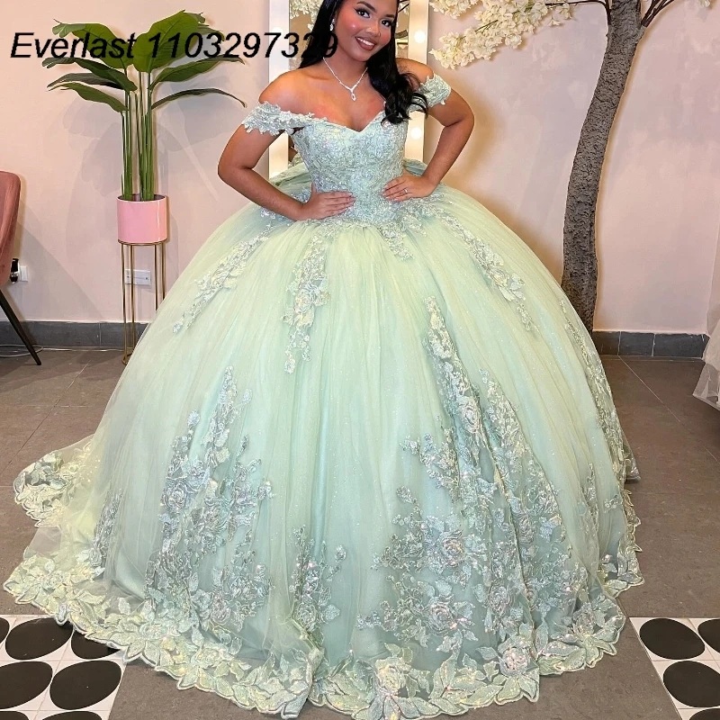 

EVLAST Glitter Sage Green Quinceanera Dress Ball Gown Lace Applique Beading Off Shoulder Bow Sweet 16 Vestido De 15 Anos TQD430