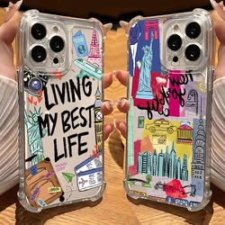 New York London Sticker Labels Phone Case For iPhone 16 15 14 13 12 11 Mini Pro Max X XR XSMax 7 8 Plus Anti Fall Transparent