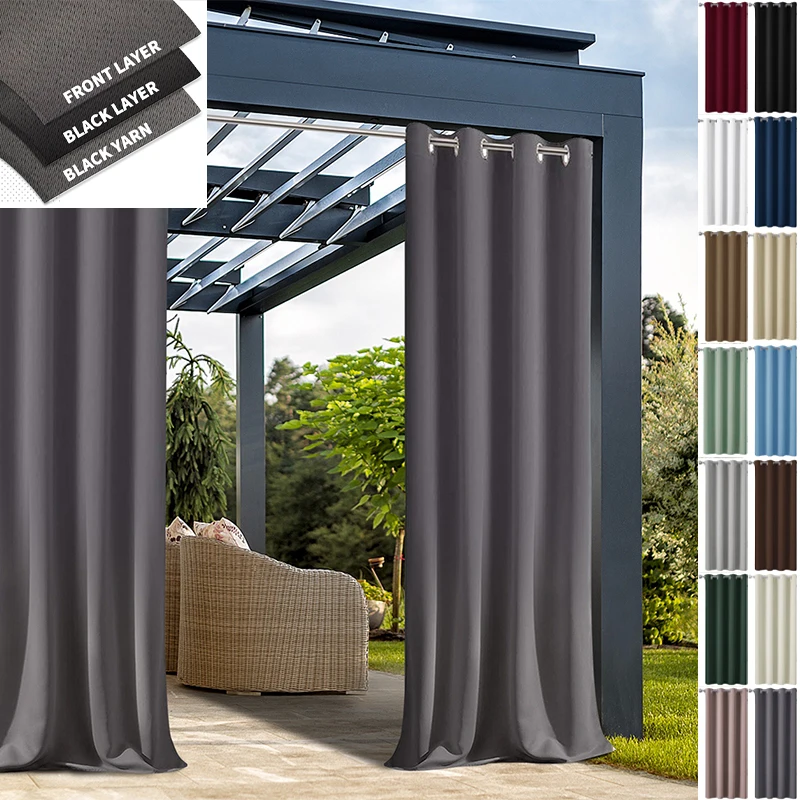 

Polyester Outdoor Curtains Waterproof Windproof UV Blocking Patio Porch Terrace Drape Heat Insulation Perforated Design Solid