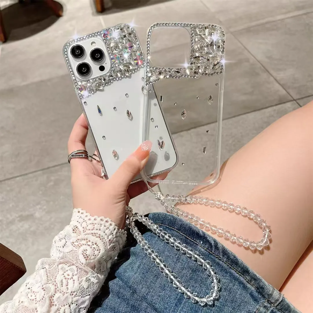 

Luxury Crystal Phone Case With Clear Chain for iPhone 16/15/14/13/11 Pro Max Plus Sparkling Rhinestone Acrylic Protection Cover