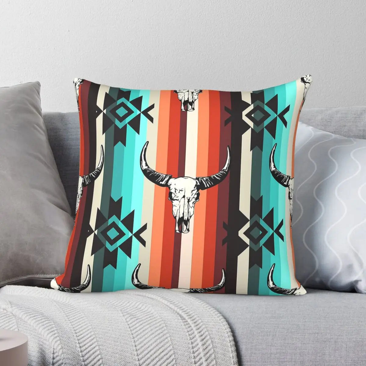Aztec Bull Skull Skeleton Square Pillowcase Polyester Linen Velvet Printed Decorative Pillow Case Home Cushion Case Wholesale