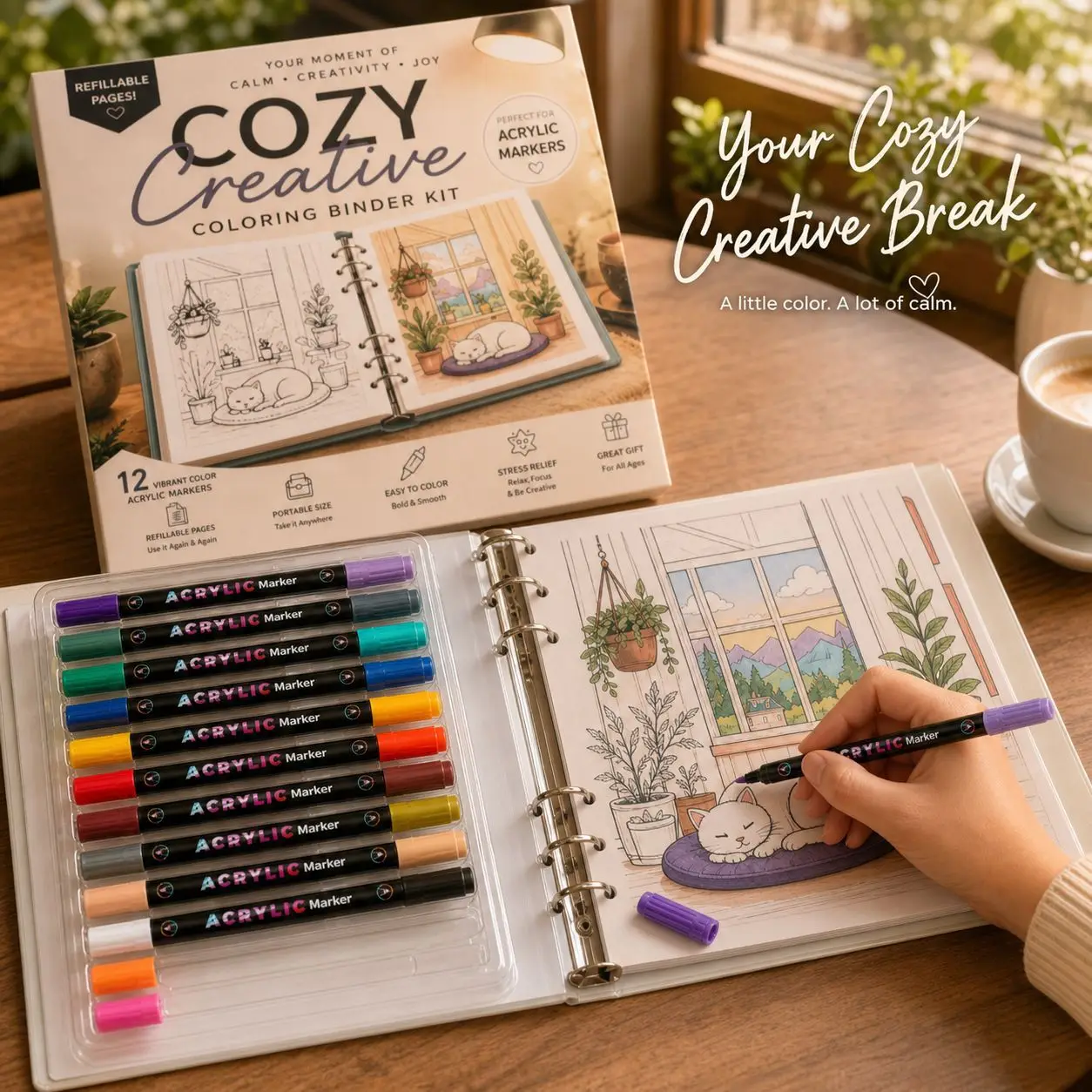 12 Colors Acrylic Markers Set with Coloring Book Drawing Art Supplies for DIY Hand Painting Relaxing Creative Gift