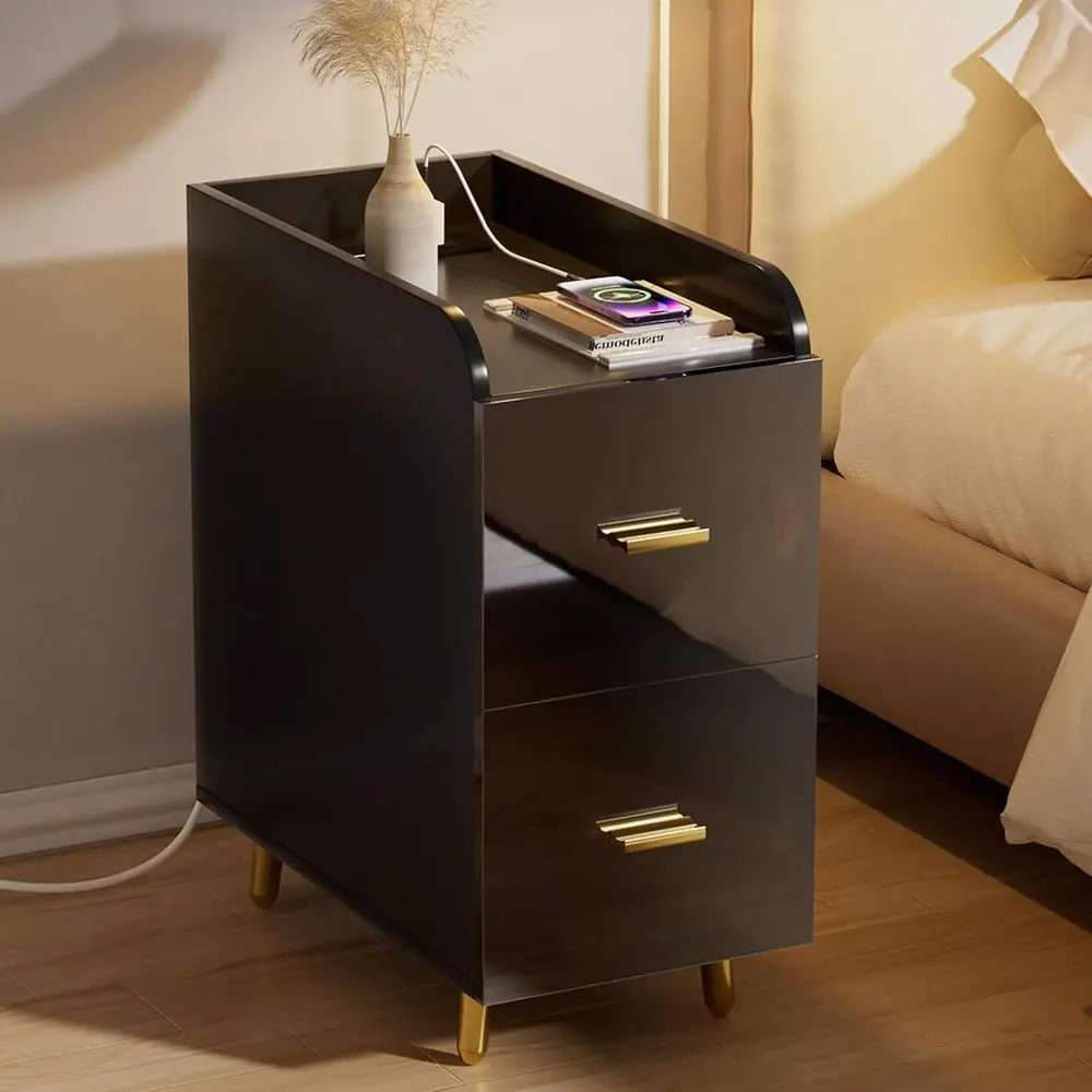 Charging Station Nightstand with 2 Drawers, Sleek High-Gloss Black Finish, Tall Narrow Design for Bedroom or Living Room