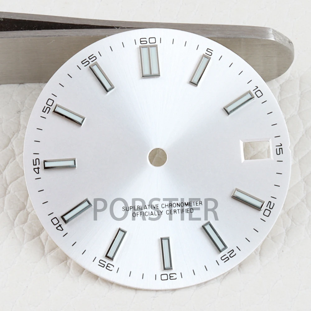 28,5 mm NH35 wijzerplaat voor DATEJUST nh35/nh36 uurwerk, blauwe luminescerende sunburst textuur wijzerplaat, datumvenster, horlogewijzerplaat onderdelen