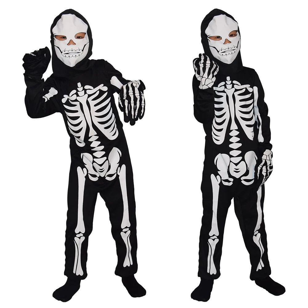 Enge Zombie Cosplay Kostuums Skelet Schedel Kostuum Halloween Kostuum Voor Kinderen Carnaval Feest Verkleed Jumpsuits En Masker