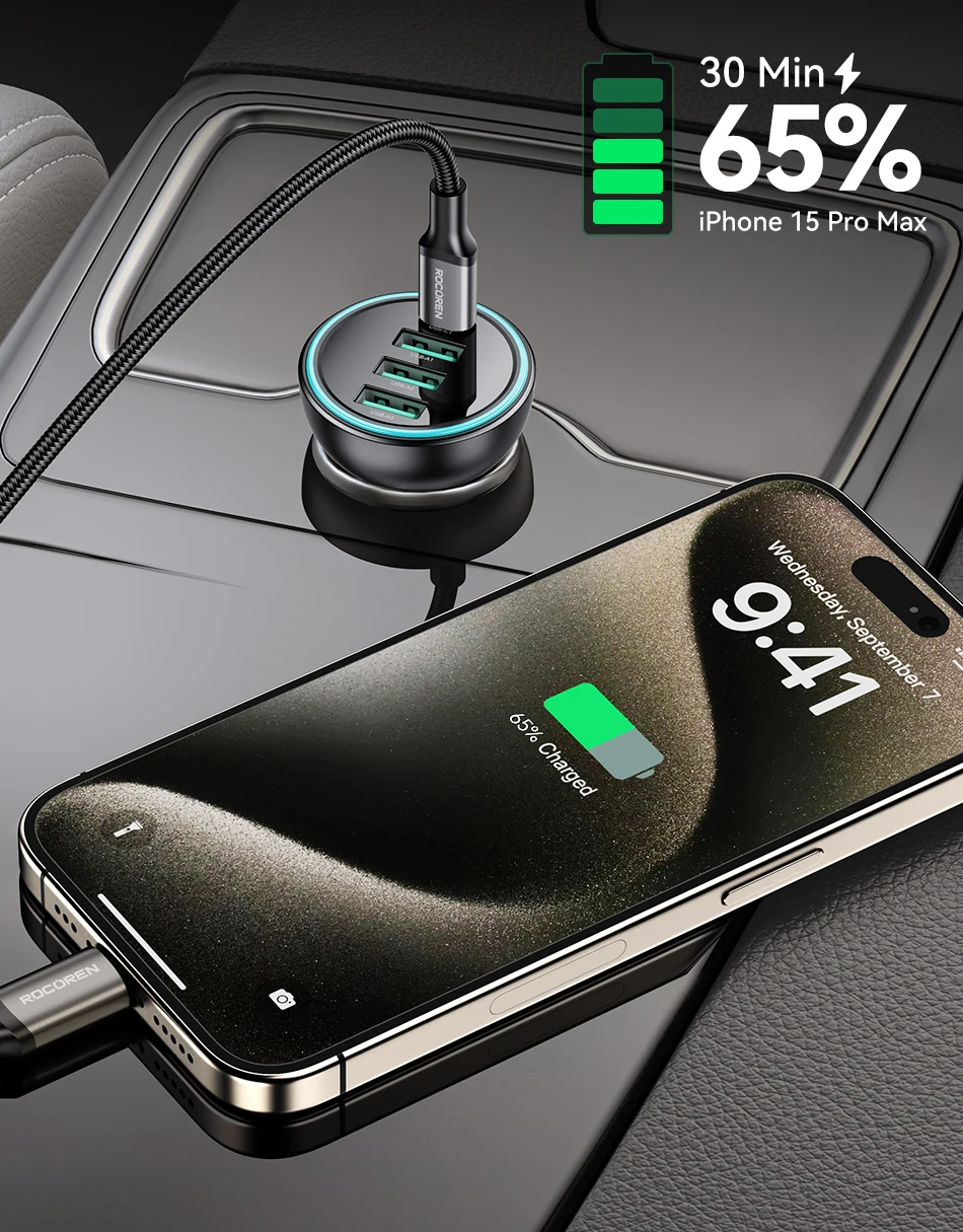 Rocoren 4-in-1 USB Typ-C Autoladegerät 55W Schnellladegerät PD QC4.0 USB-C Autoladegerät-Adapter für iPhone Xiaomi Samsung – Detail 13