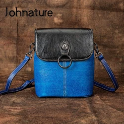 Johnature Hand Painted Genuine Leather Shoulder Bag 2024 New Vintage Solid Color First Layer Cowhide Hasp Small Messenger Bag