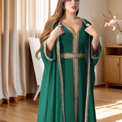 Muslim Fashion Two Piece Sequined Solid Summer V-Neck Abaya And Vest Long Dress Overgarments Islamic Women Moroccan Clothing