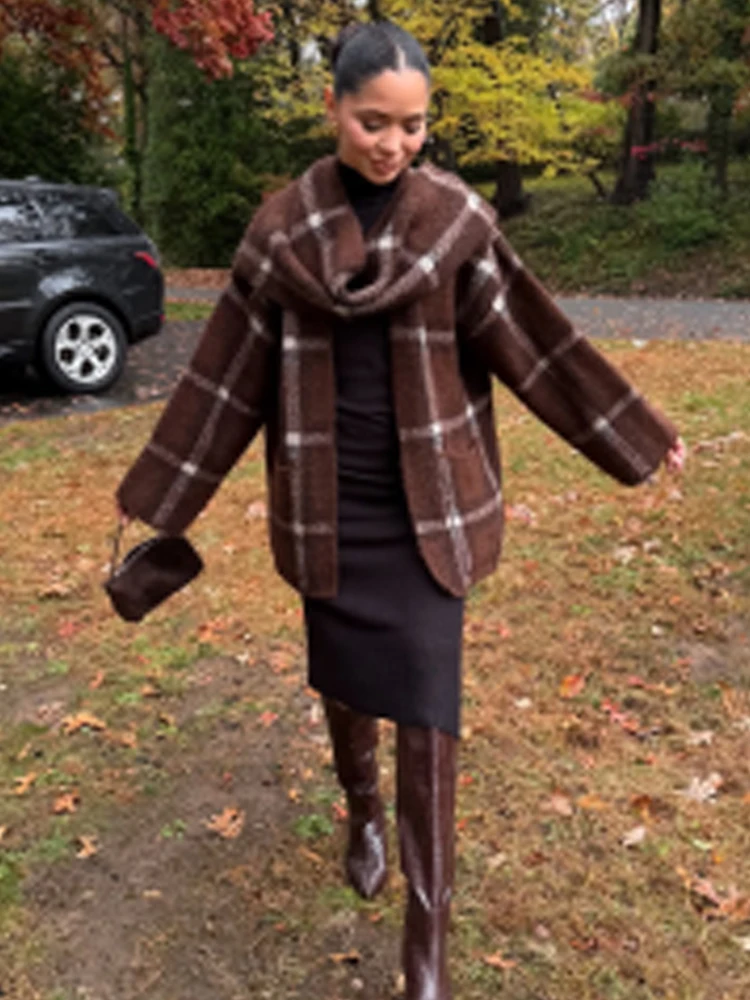 HH Elegante Sciarpa da Donna Decorazione Cardigan Lavorato a Maglia 2025 Donna Manica Lunga Sciarpa scozzese Colletto Texture Vintage Cappotti Lunghi